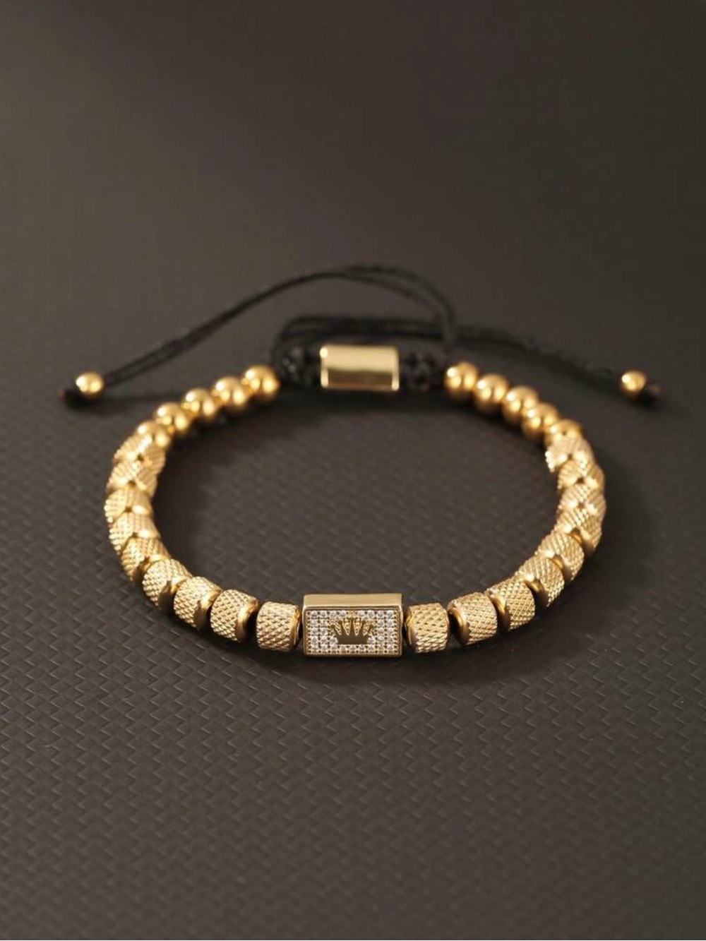 Gold Beaded Men's Bracelet with Black Cord